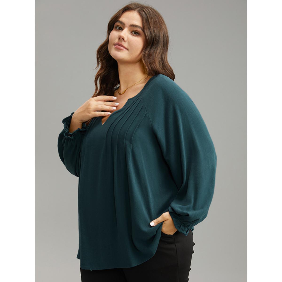 Plus Size Cyan Plain Raglan Sleeve Plicated Detail Blouse Women Office Long Sleeve V-neck Work Blouses BloomChic 28/5X Product Image