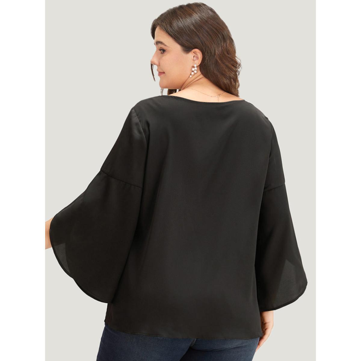 Plus Size DarkGreen Plain Wrap Flutter Sleeve Crew Neck Blouse Women Office Elbow-length sleeve Round Neck Work Blouses BloomChic 22-24/3X Product Image