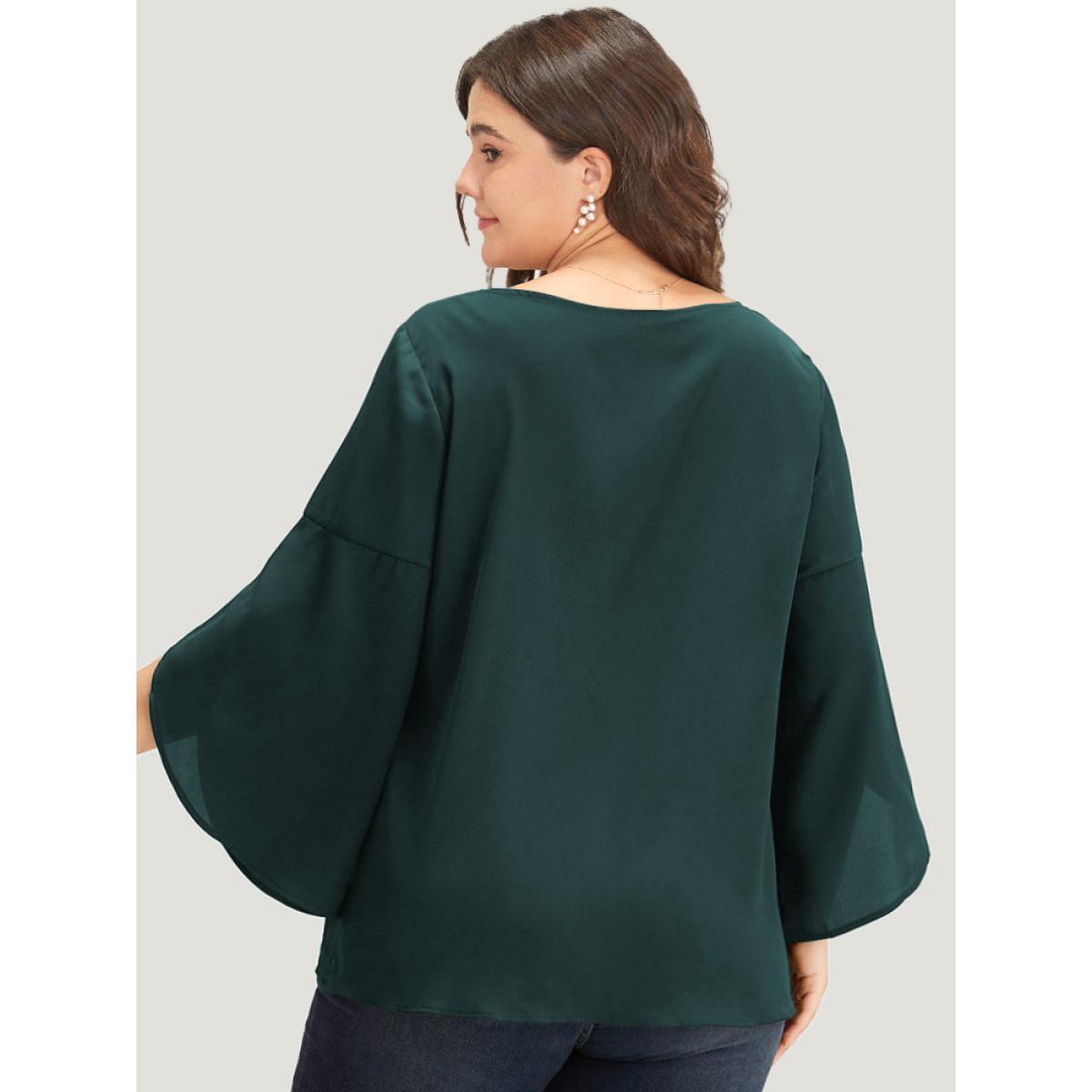 Plus Size DarkGreen Plain Wrap Flutter Sleeve Crew Neck Blouse Women Office Elbow-length sleeve Round Neck Work Blouses BloomChic 22-24/3X Product Image