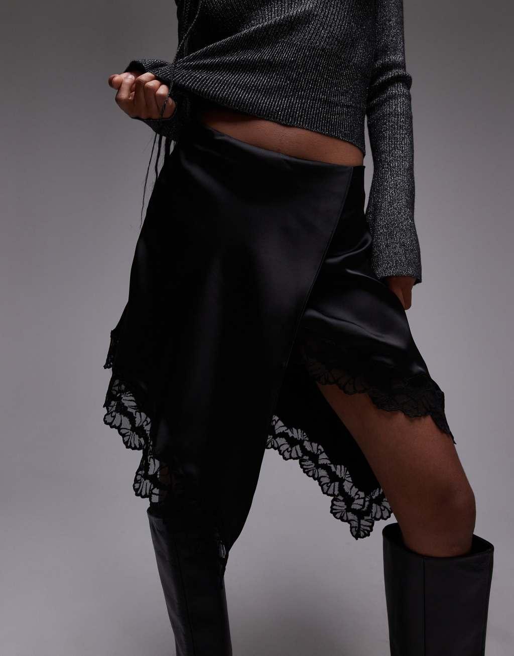 Mango lace hem wrap skirt in black Product Image