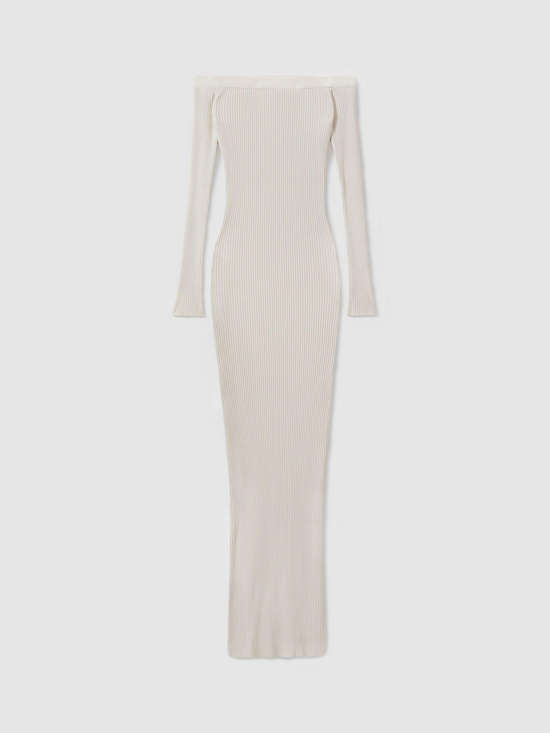Good American Ribbed Off The Shoulder Maxi Dress in Cloud White Product Image