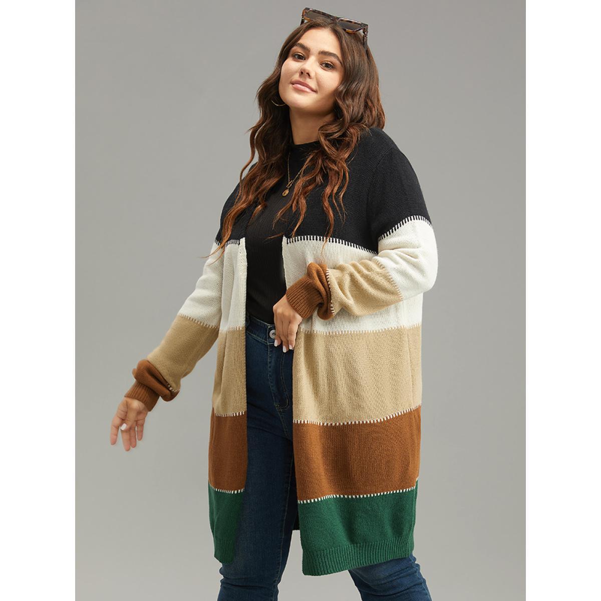 Plus Size Colorblock Patchwork Elastic Cuffs Open Front Cardigan Multicolor Women Casual Loose Long Sleeve Dailywear Cardigans BloomChic 18-20/2X Product Image