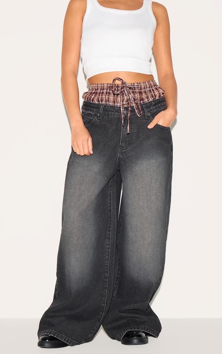 Petite Black Denim Double Layered Boxer Boyfriend Jeans Product Image