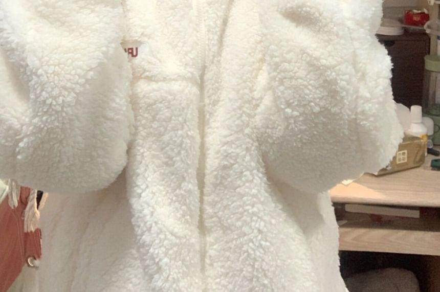 Stand Collar Plain Zip-Up Fleece Jacket Product Image