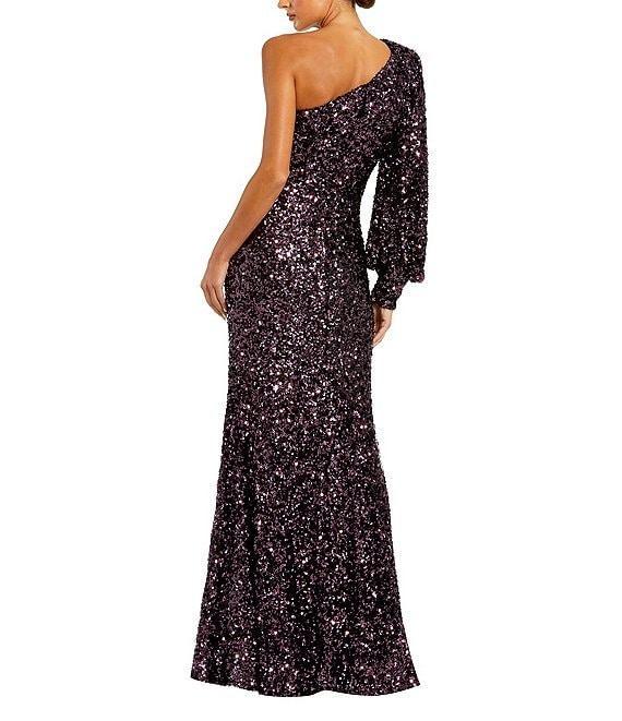 Mac Duggal Sequin Asymmetrical One Long Bishop Sleeve Sheath Gown Product Image