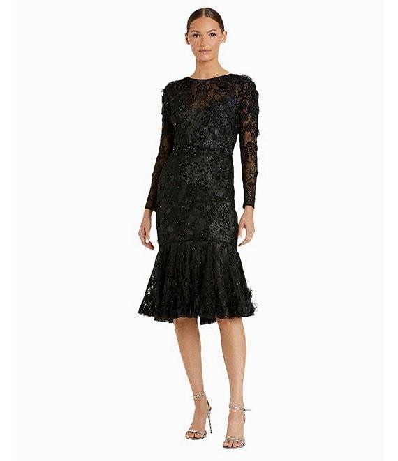 Mac Duggal Floral Applique Long Sleeve Flounce Fit and Flare Dress Product Image