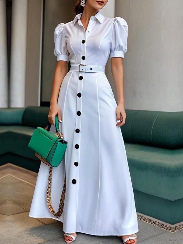 Puff Sleeves Short Sleeves Belted Buttoned Solid Color Lapel Maxi Dresses Shirt Dress Product Image