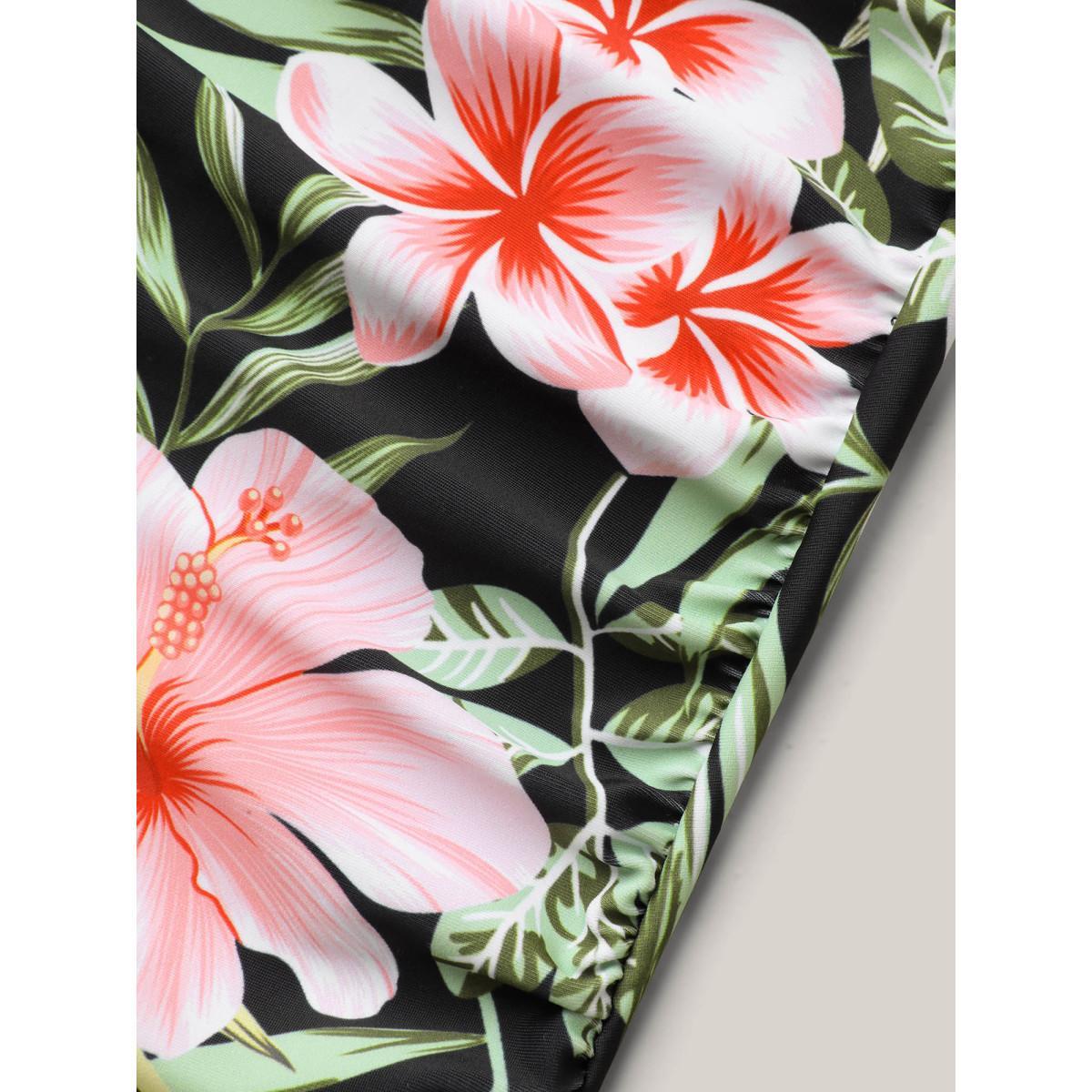 Plus Size Side Floral Pattern Round Neck Swim Top Women's Swimwear Black Beach Gathered High stretch Skinny Halter neck Curve Swim Tops BloomChic 26/4X Product Image