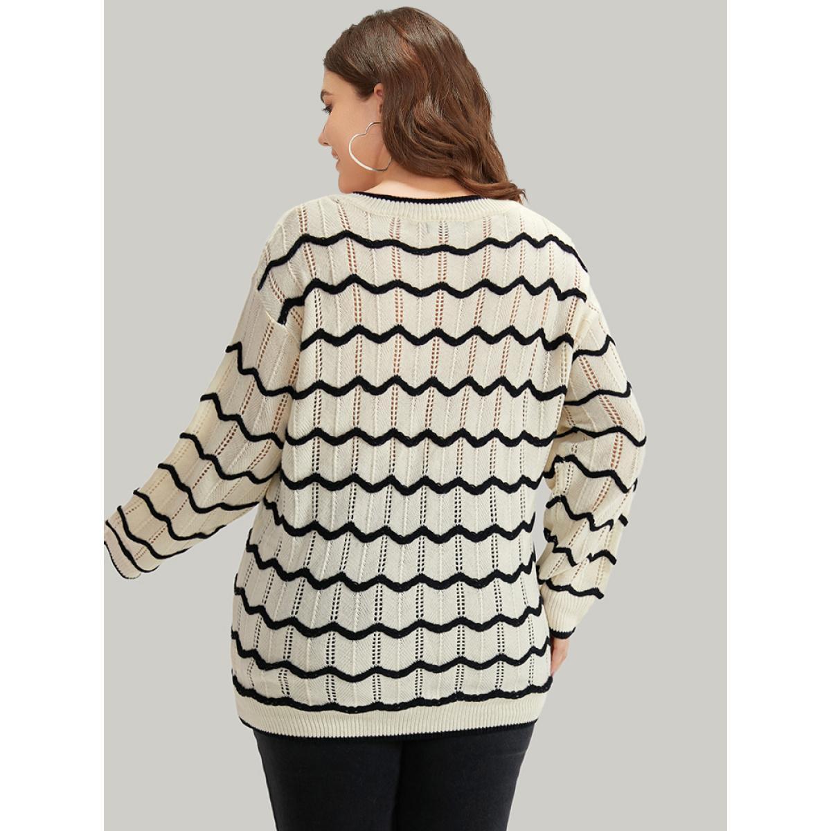 Plus Size Striped Drop Shoulder Cut Out Bodycon Pullover Beige Women Casual Bodycon Long Sleeve V-neck Everyday Pullovers BloomChic 26/4X Product Image