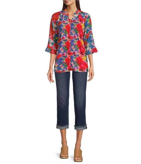 Calessa Mesh Abstract Print Split V-Neck 3/4 Sleeve Button Front Tunic Product Image