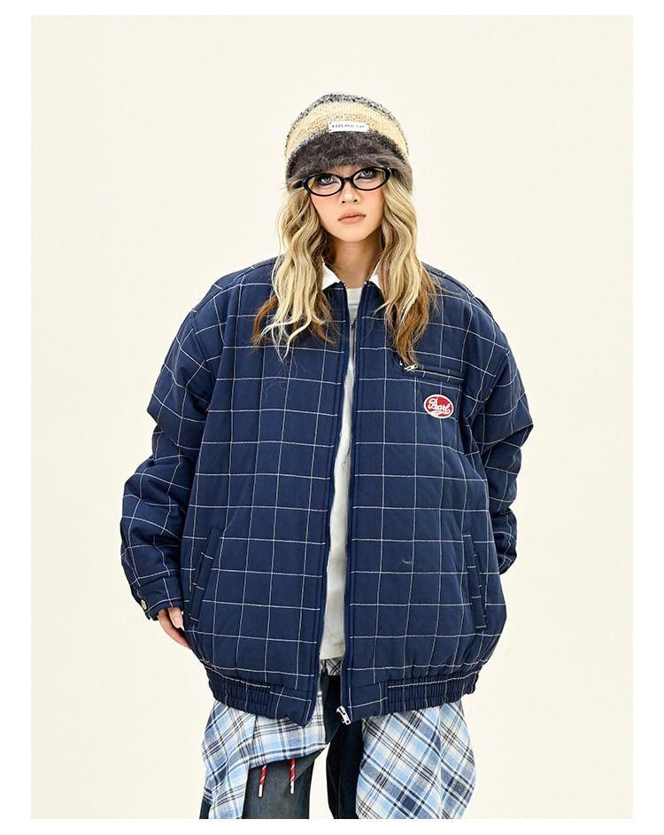 Collared Plaid Zip Up Puffer Bomber Jacket Product Image