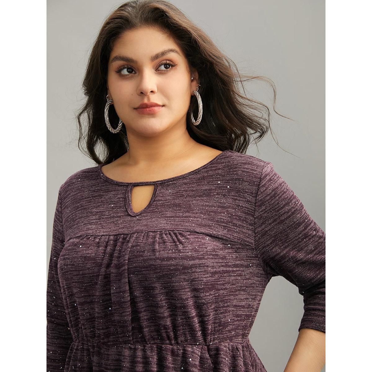 Plus Size Glitter Keyhole Gathered Elastic Waist Dress Purple Women Elegant Rib Knit Keyhole Cut-Out Elbow-length sleeve Curvy Midi Dress BloomChic 18-20/2X Product Image
