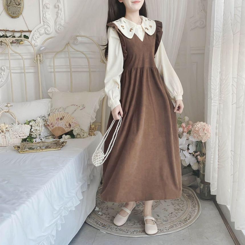 Long-Sleeve Peter Pan Collar Floral Embroidered Button-Up Blouse / V-Neck Plain Ruffle Trim Corduroy Midi A-Line Overall Dress / Set Product Image