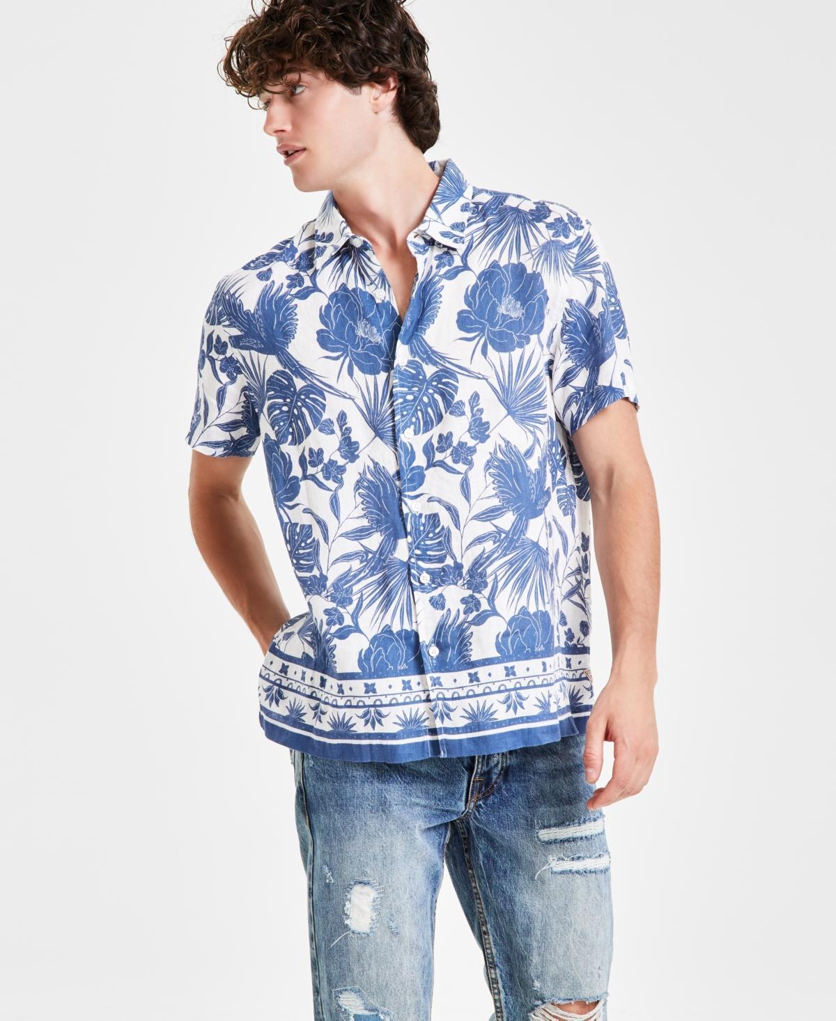 Guess Mens Island Tropical Botanical-Print Button-Down Linen Shirt Product Image
