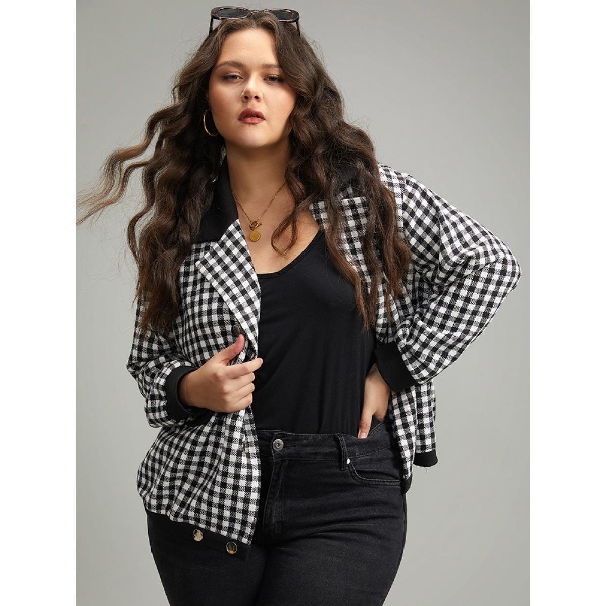 Plus Size Gingham Patchwork Double Breasted Jacket Women Black Elastic cuffs Dailywear Jackets BloomChic 28/5X Product Image