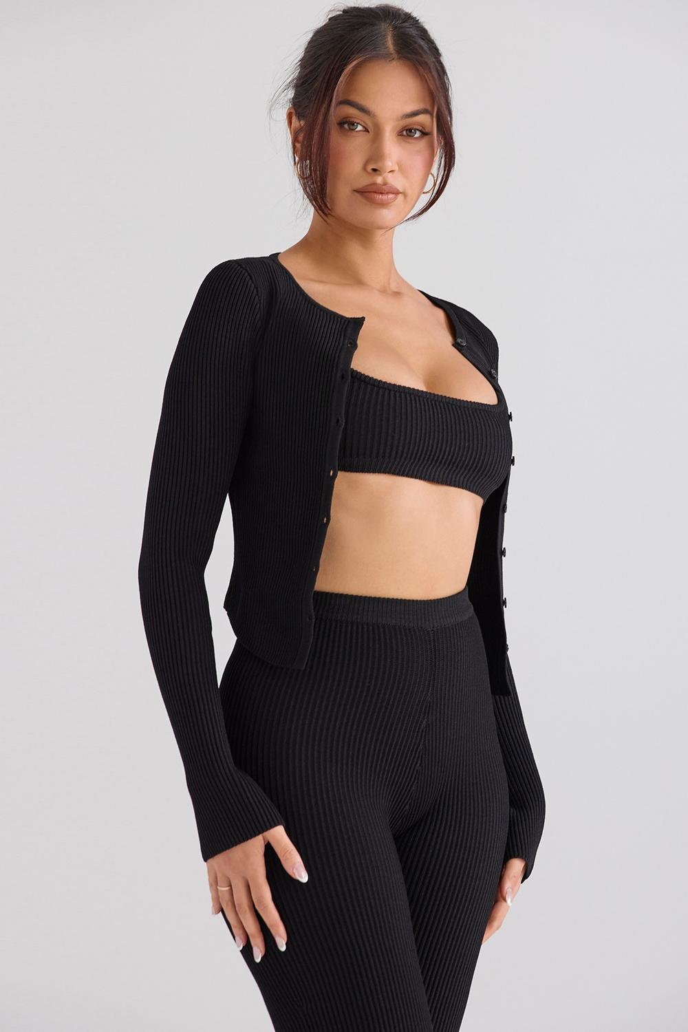 Sylvia Black Ribbed Knit Cardigan Product Image