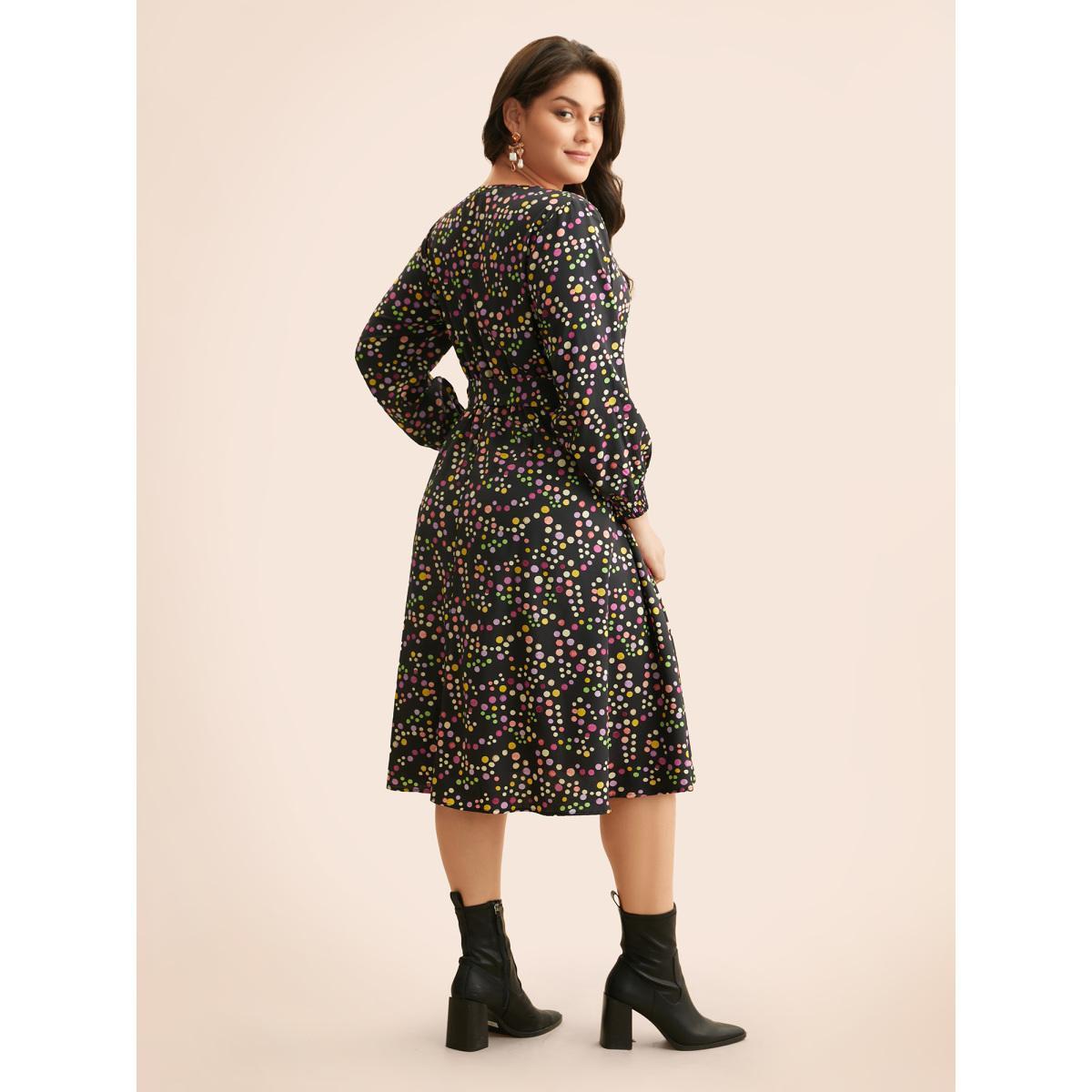 Plus Size Polka Dot Shirred Belted Split Hem Dress Black Women Elegant Belted V-neck Long Sleeve Curvy BloomChic 12/L Product Image