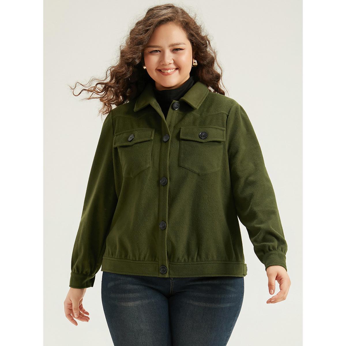 Plus Size Plain Pocket Button Up Shacket Women ArmyGreen Plain Pocket Everyday Jackets BloomChic 22-24/3X Product Image