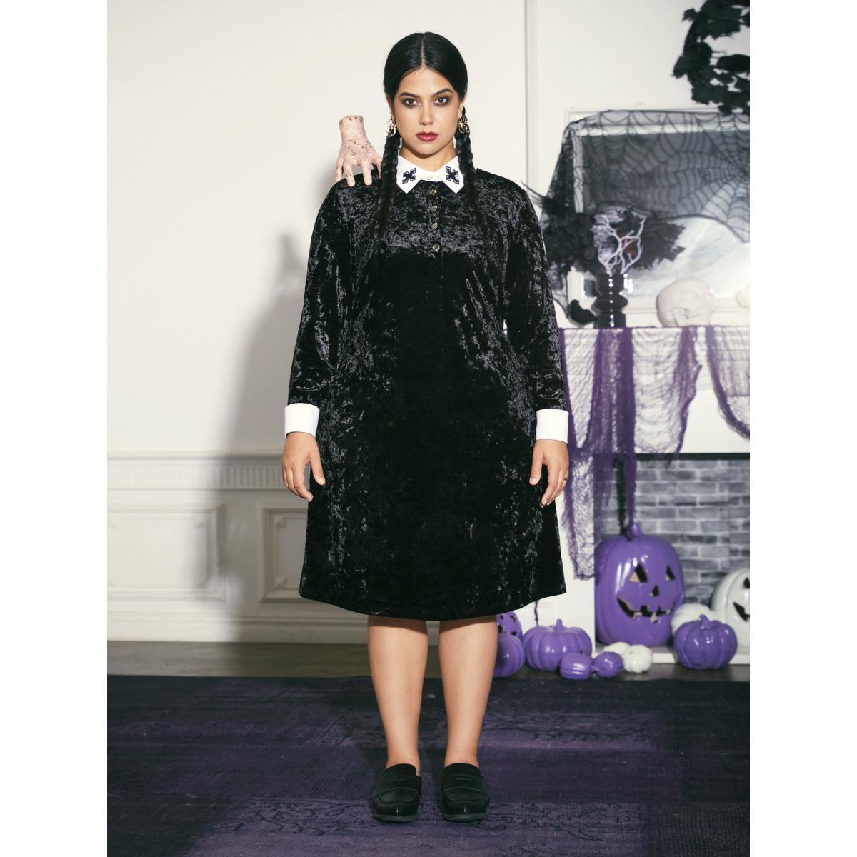Plus Size Stretch Velvet Collared Midi Dress Black Women Cocktail Texture Party Curvy Bloomchic 14-16/1X Product Image