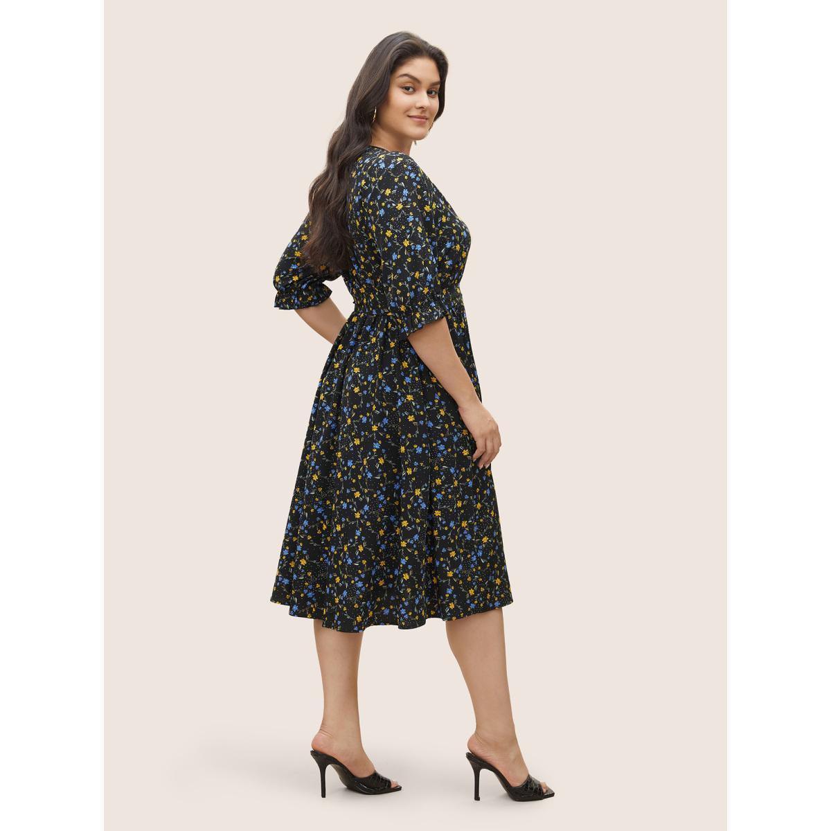 Plus Size Ditsy Floral Ruffle Half Sleeve Belted Dress Black Women Elegant Non Overlap Collar Half Sleeve Curvy Midi Dress BloomChic 18-20/2X Product Image