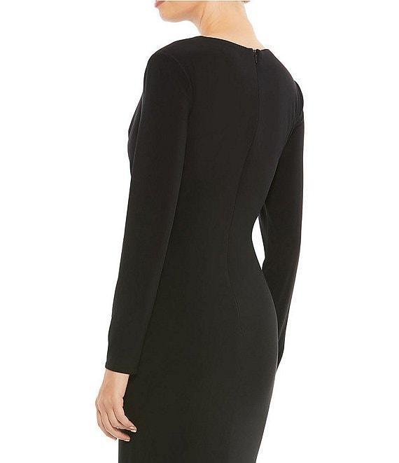 Mac Duggal Jersey Asymmetrical Ruched V-Neck Long Sleeve Thigh High Slit Sheath Gown Product Image