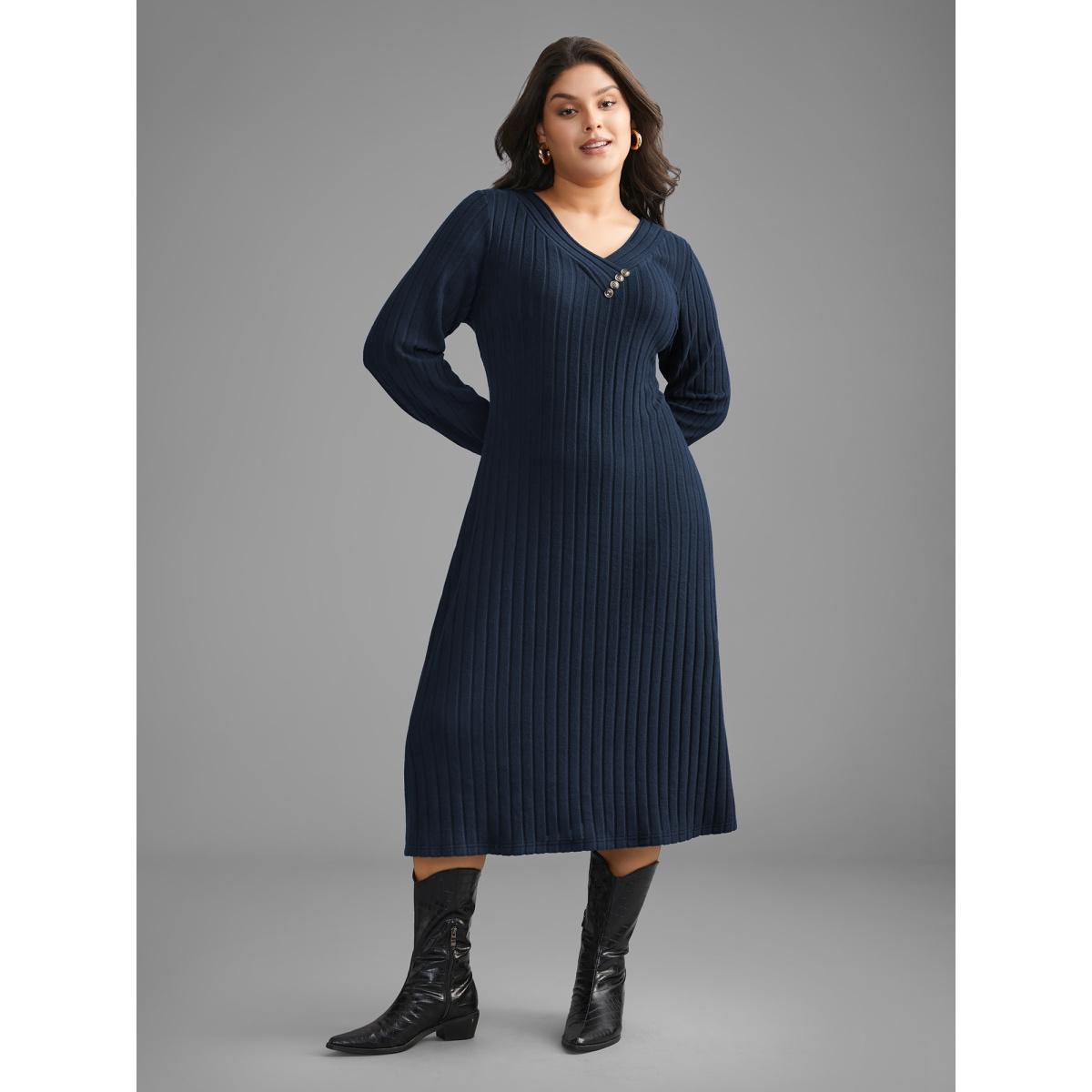 Plus Size Plain Rib Knit Button Detail Dress Burgundy Women Casual Texture Knit Dresses Bloomchic 10/M Product Image