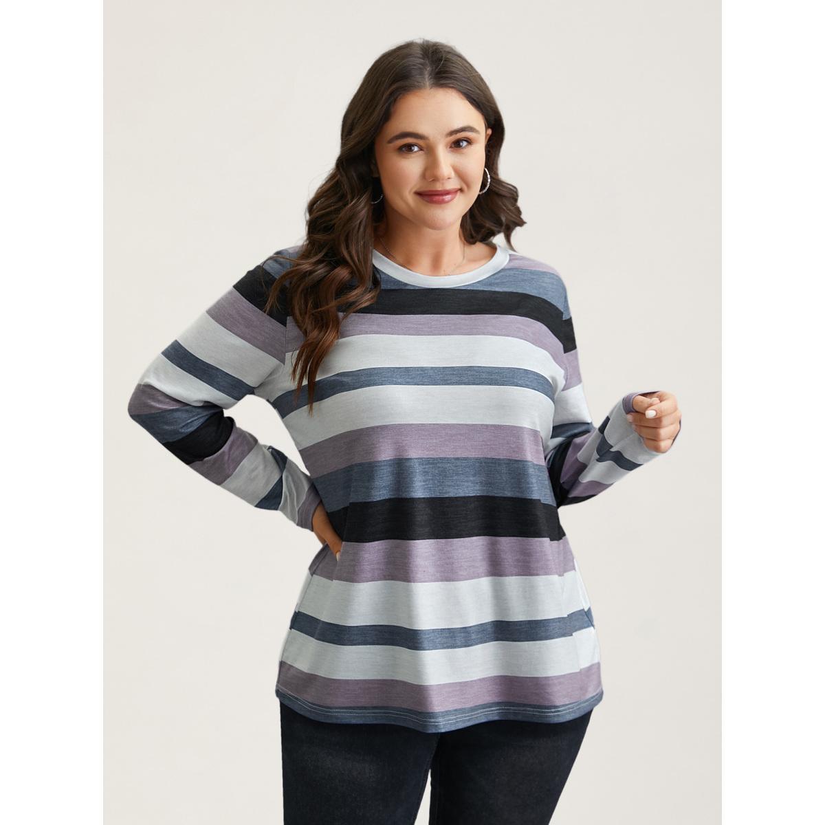 Plus Size Multi-Color Stripes Stretchy T-Shirt Multicolor Women Casual Contrast Round Neck Everyday T-shirts BloomChic 30/6X Product Image