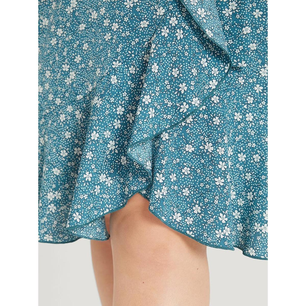 Plus Size Ditsy Floral Pocket Patchwork Belted Wrap Ruffle Dress Cerulean Women Office Plain V-neck Half Sleeve Curvy Knee Dress BloomChic 28/5X Product Image