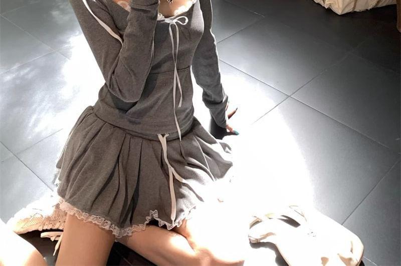 Set: Long-Sleeve Scoop Neck Plain Hooded Lace Trim Tee + Drawstring Waist Mini A-Line Skirt Product Image