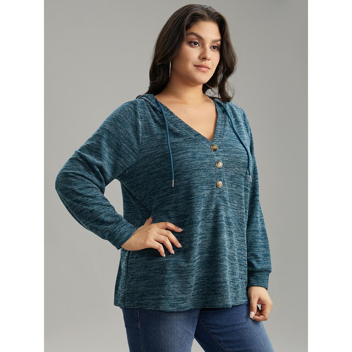 Plus Size Plain Heather Button Up Hooded Drawstring Sweatshirt Women Cyan Casual Texture Hooded Dailywear Sweatshirts BloomChic 22-24/3X Product Image
