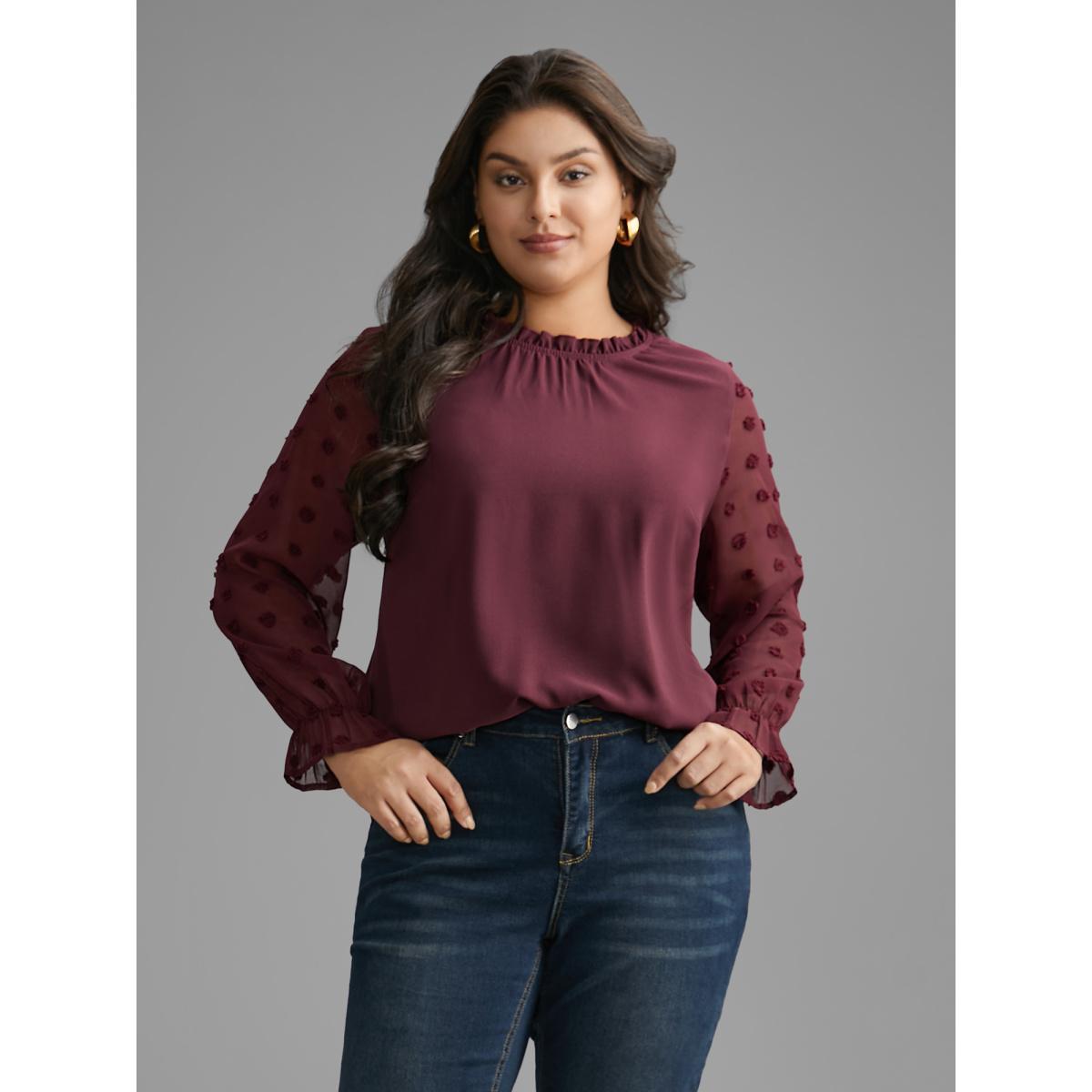 Plus Size Deepred Texture Ruffles Patchwork Gathered Blouse Women Elegant Long Sleeve Stand-up collar Everyday Blouses BloomChic 22-24/3X Product Image