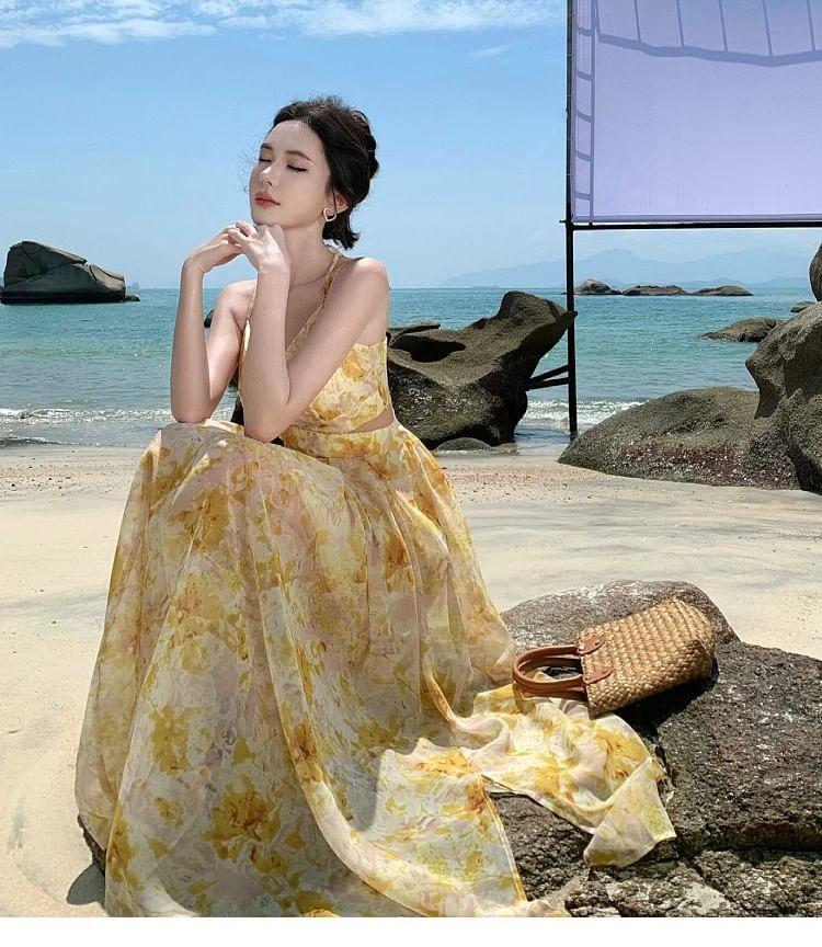 Spaghetti Strap V-Neck Cutout Floral Print Maxi A-Line Dress Product Image