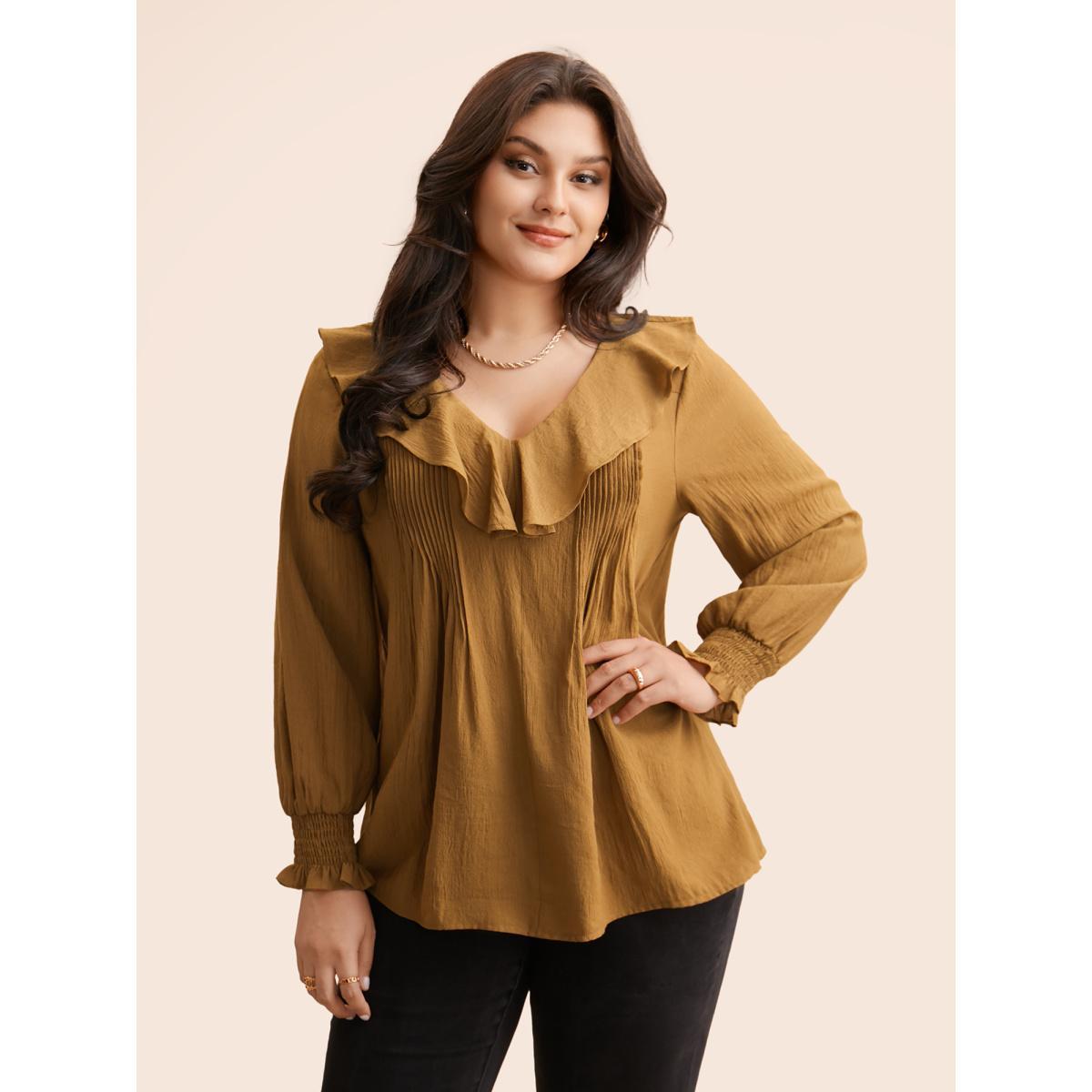Plus Size Yellowishbrown Solid Texture Pleated Ruffle Trim Blouse Women Elegant Long Sleeve Deep V-neck Everyday Blouses BloomChic 22-24/3X Product Image