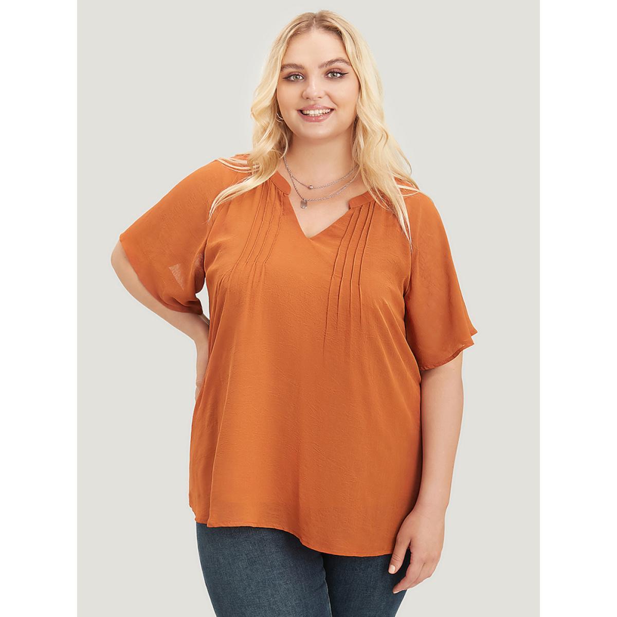 Plus Size Maroon Solid Notched Pleated Mesh Raglan Sleeve Blouse Women Casual Short sleeve V-neck Dailywear Blouses BloomChic 18-20/2X Product Image