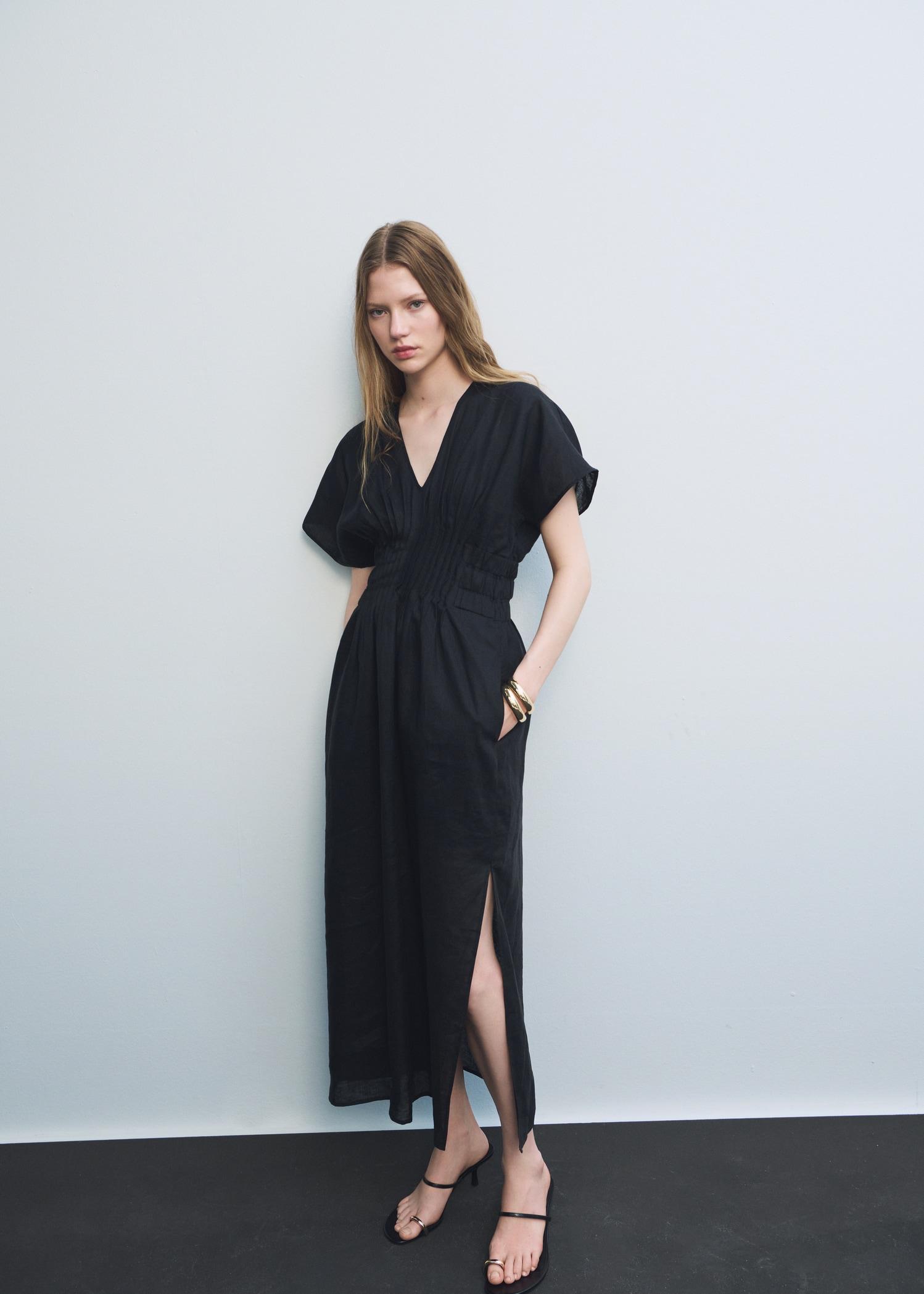 Long linen dress with gathered panel - Women | MANGO USA Product Image