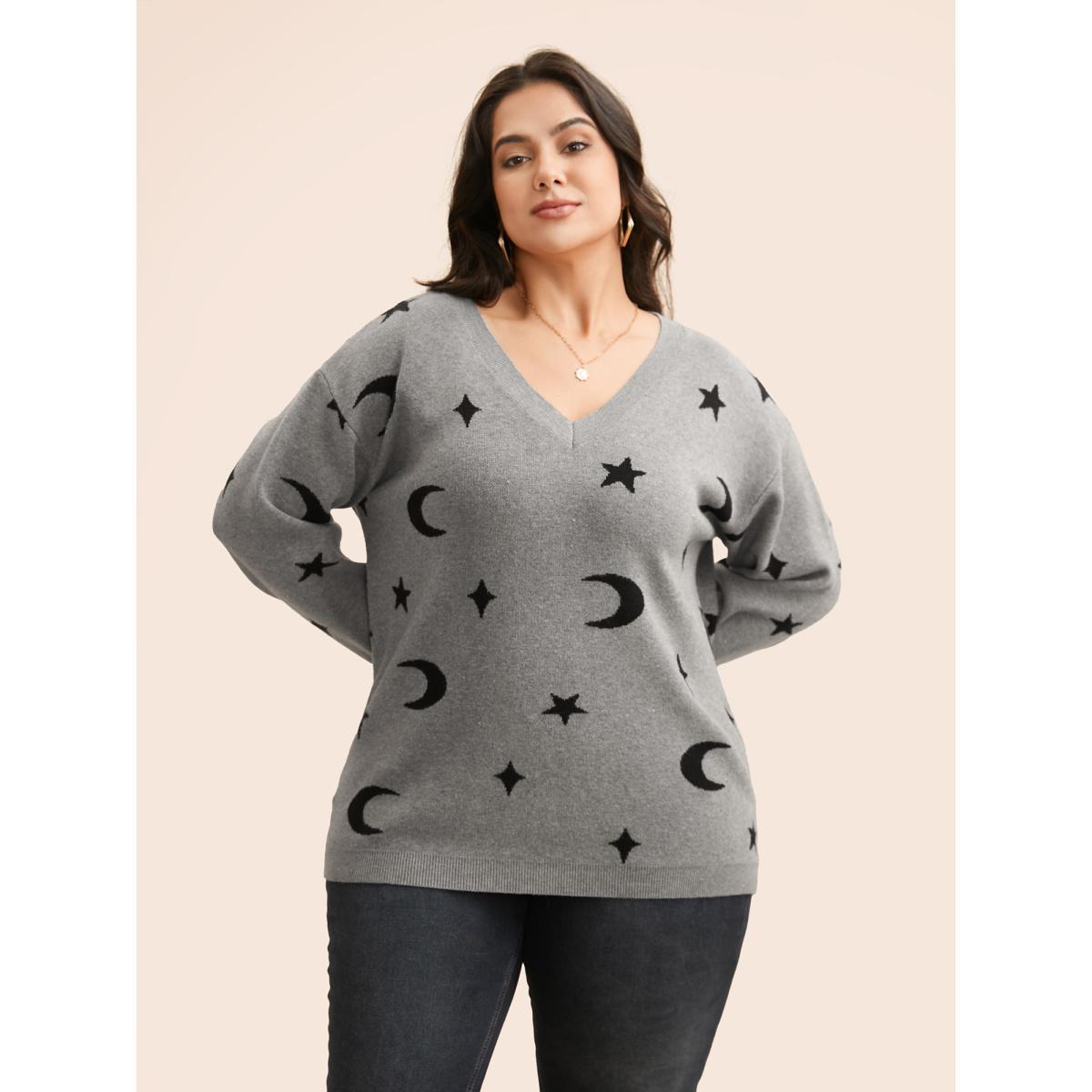 Plus Size Supersoft Essentials Celestial Jacquard V-Neck Pullover Mediumgray Women Casual Long Sleeve V-neck Everyday Pullovers BloomChic 30/6X Product Image