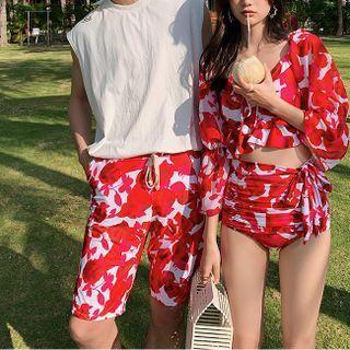 Couple-Matching 3/4-Sleeve Floral Print Tankini Top / Bottom / Swim Trunks/ Set Product Image