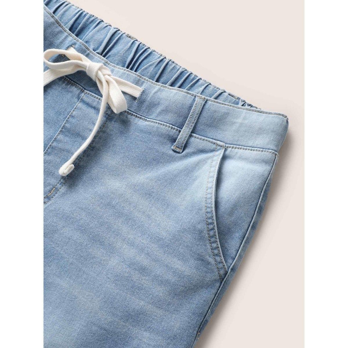 Plus Size Light Wash Drawstring Straight Leg Jeans Women LightBlue Casual Drawstring High stretch Slanted pocket Jeans BloomChic 10/M Product Image