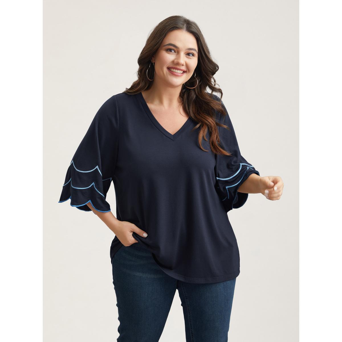 Plus Size Embroidered Trumpet Sleeve V-Neck T-Shirt Indigo Women Casual Embroidered V-neck Everyday T-shirts BloomChic 12/L Product Image