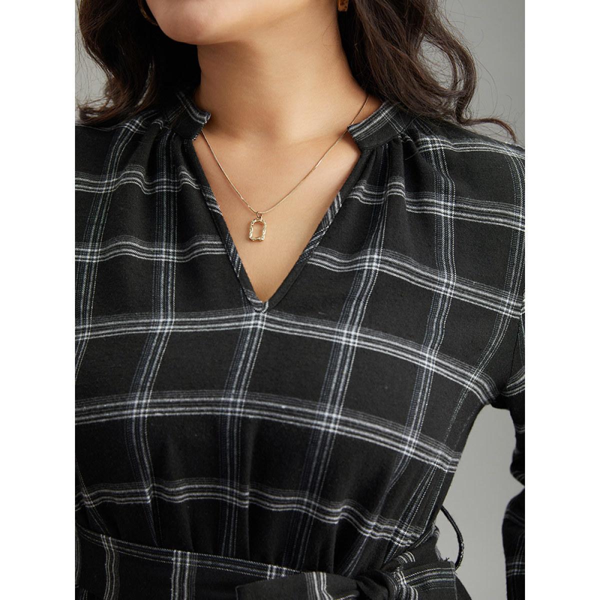 Plus Size Plaid Notched Elastic Waist Belted Dress Black Women Casual Elastic cuffs Notched collar Elbow-length sleeve Curvy Midi Dress BloomChic 12/L Product Image