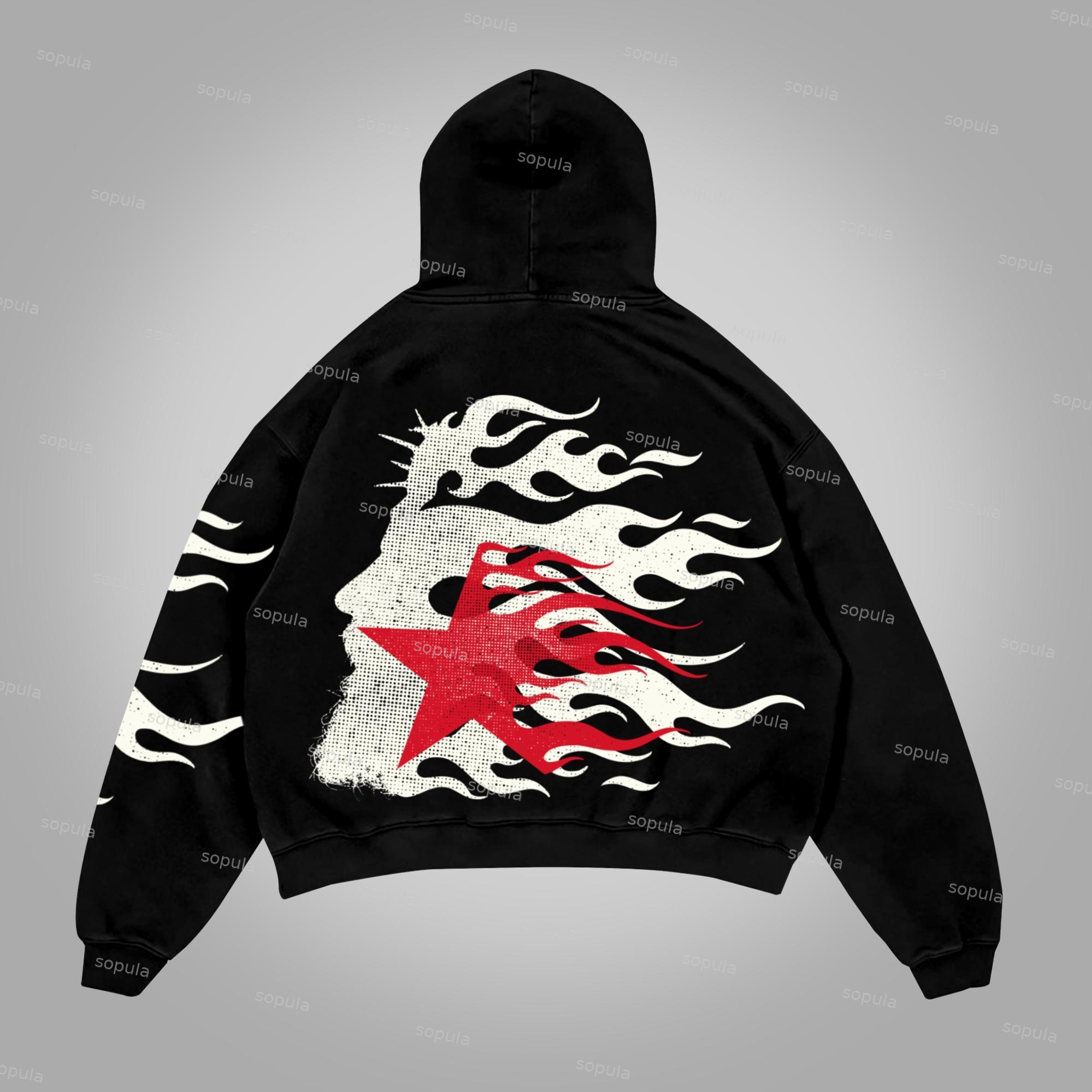 Sopula Hellstar Flame Jesus Silhouette Network Vintage Graphics Cotton Pocket Hoodie Product Image