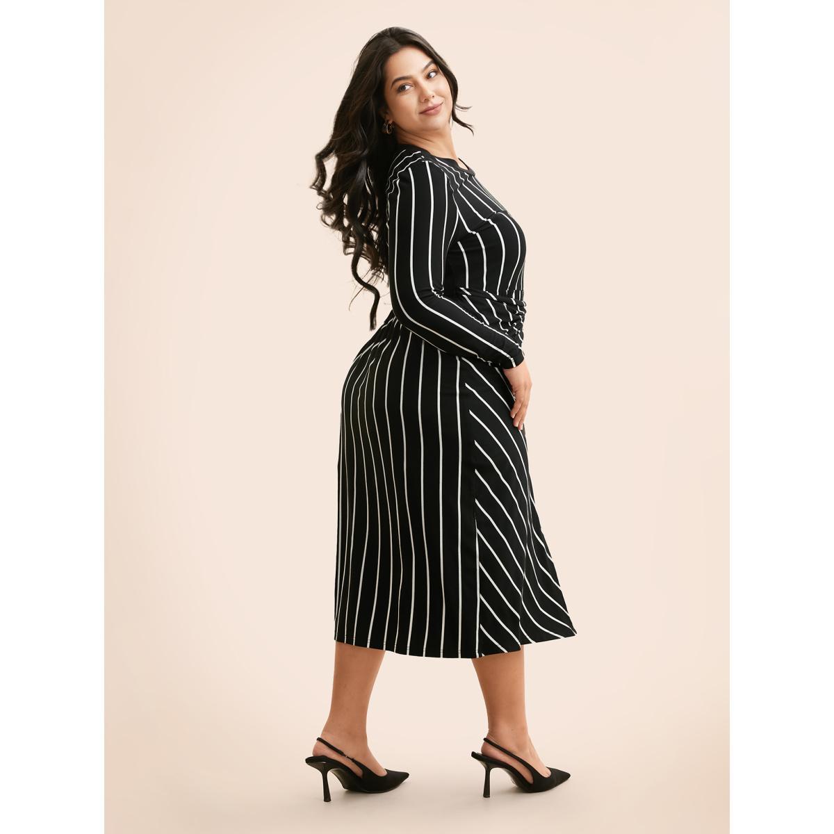 Plus Size Striped Twist Front Split Hem Dress Black Women Elegant Twist Round Neck Long Sleeve Curvy BloomChic 30/6X Product Image