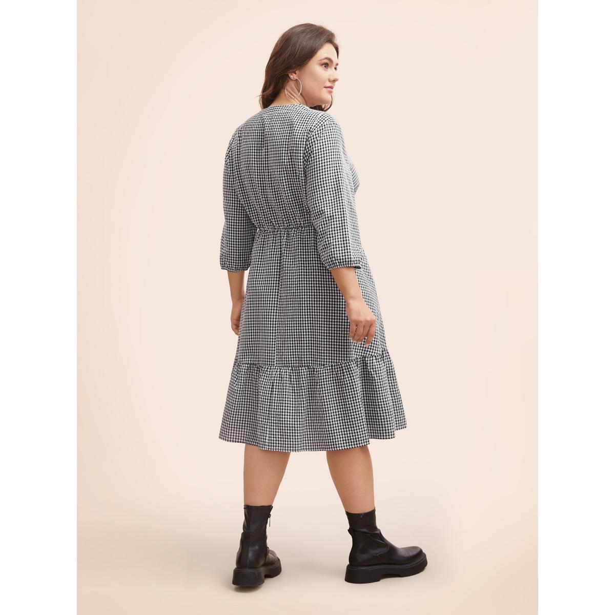 Plus Size Gingham Notched Ruffle Hem Lantern Sleeve Dress Black Women Casual Button Notched collar Elbow-length sleeve Curvy BloomChic 26/4X Product Image