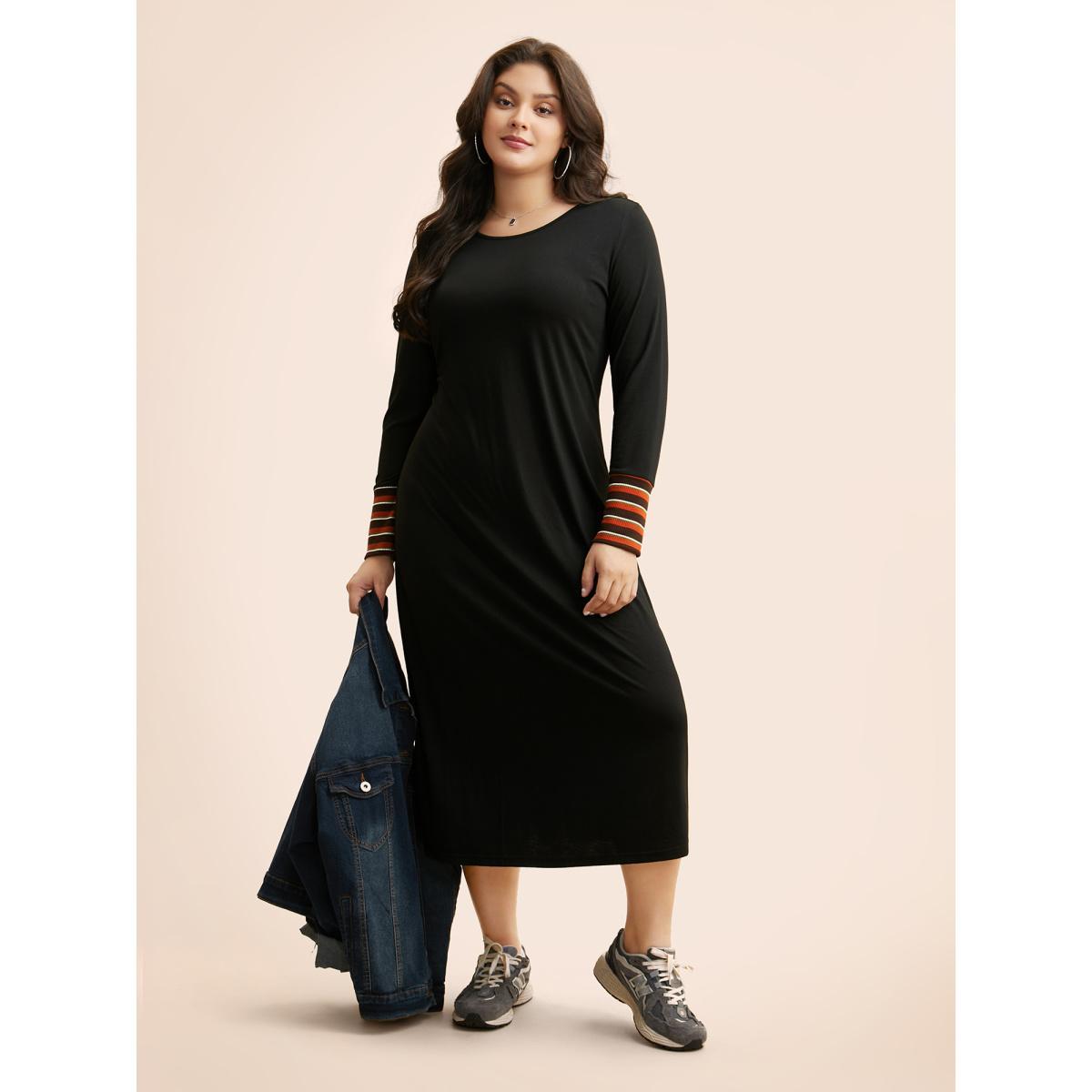 Plus Size Crew Neck Striped Patchwork Dress Black Women Casual Texture Round Neck Long Sleeve Curvy BloomChic 26/4X Product Image