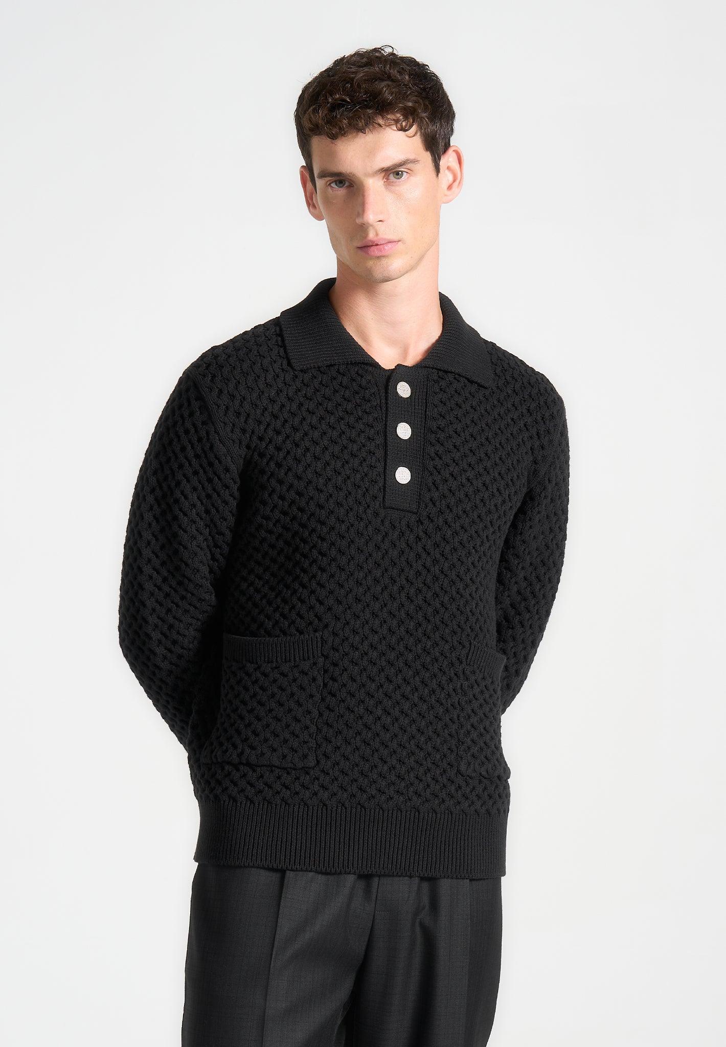 Waffle Knit Polo Jumper - Black Male Product Image
