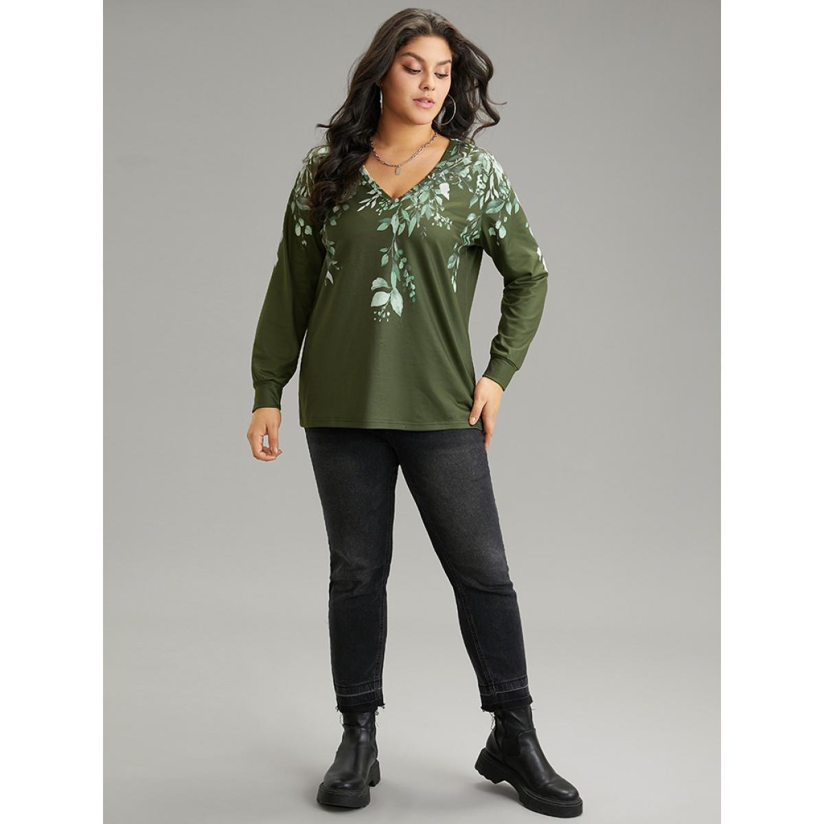 Plus Size Plants Print V Neck Elastic Cuffs Sweatshirt Women Mint Elegant Printed V-neck Dailywear Sweatshirts BloomChic 10/M Product Image