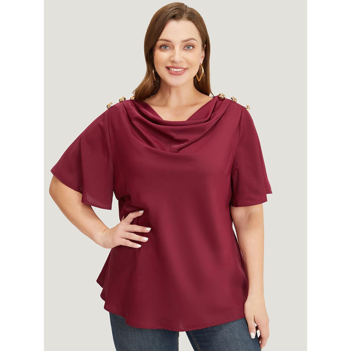 Plus Size Scarlet Plain Cowl Neck Button Detail Flutter Sleeve Blouse Women Office Short sleeve Cowl Neck Work Blouses BloomChic 28/5X Product Image