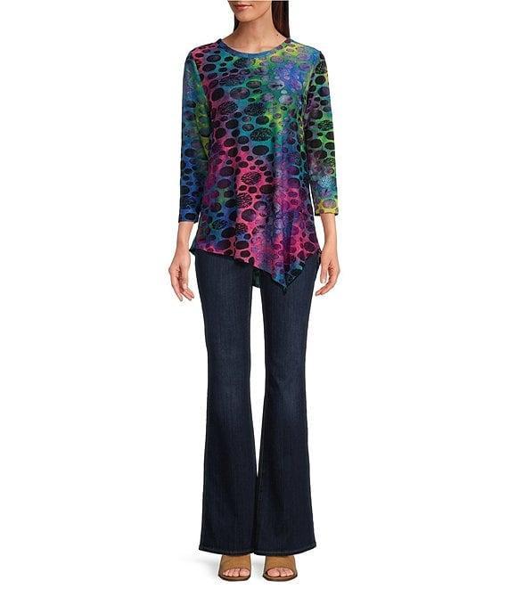Calessa Tie-Dye Burnout Crew Neck 3/4 Sleeve Asymmetrical Top Product Image