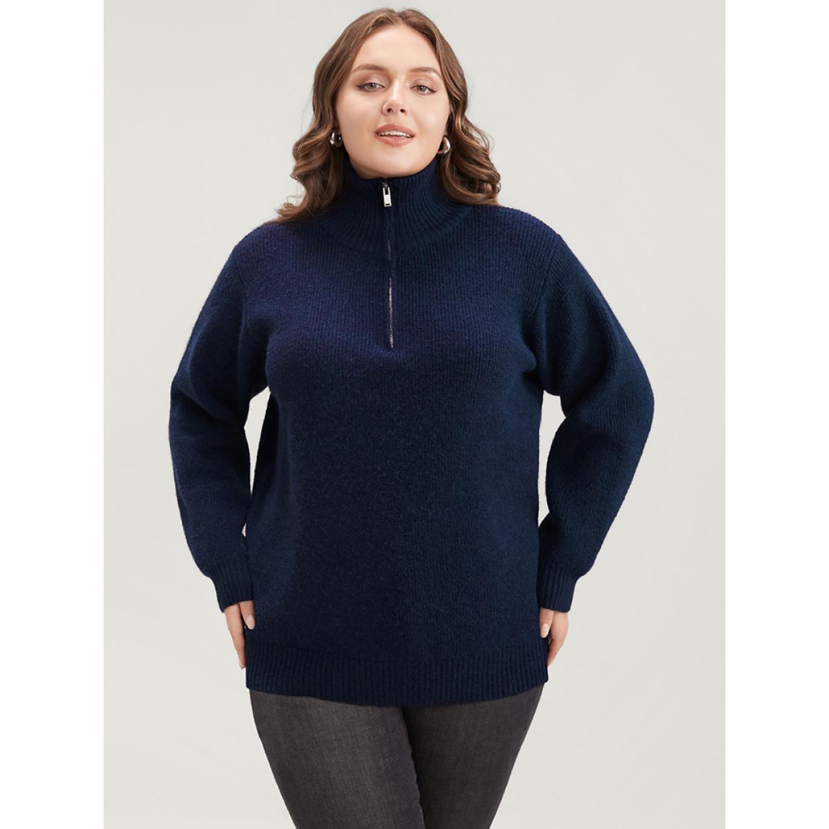 Plus Size Solid Super Soft Plush Knit Zip Neck Knit Top DarkBlue Women Casual Loose Long Sleeve Lapel Collar Dailywear Pullovers BloomChic 14-16/1X Product Image