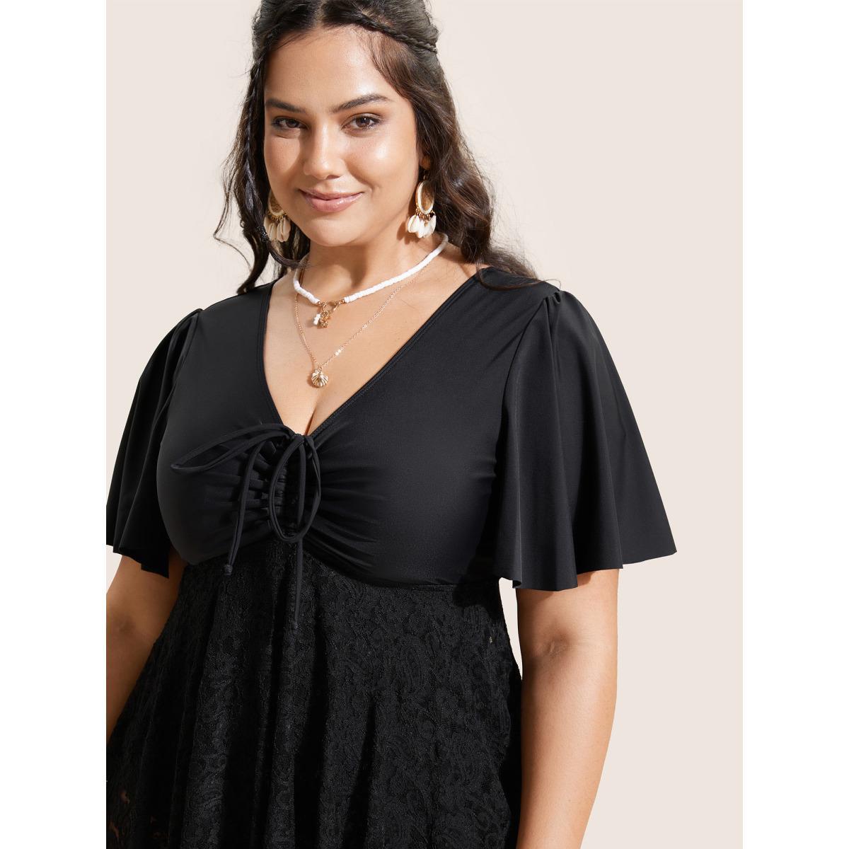 Plus Size Crochet Lace Mesh Drawstring Swim Dress Women's Swimwear Black Beach Bodycon V-neck High stretch Curve Swim Dresses BloomChic 22-24/3X Product Image